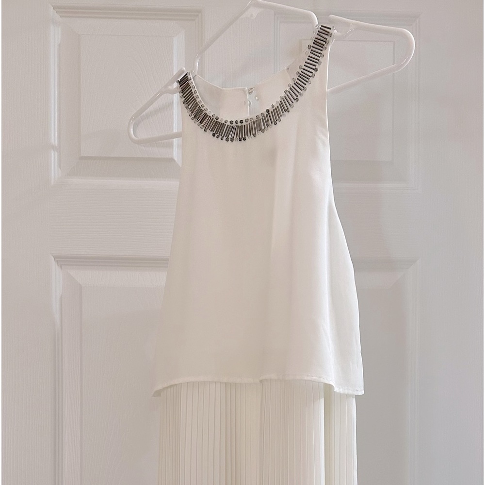 GB White Dress, pleated skirt, overlay top, pretty beading detail around neck,
